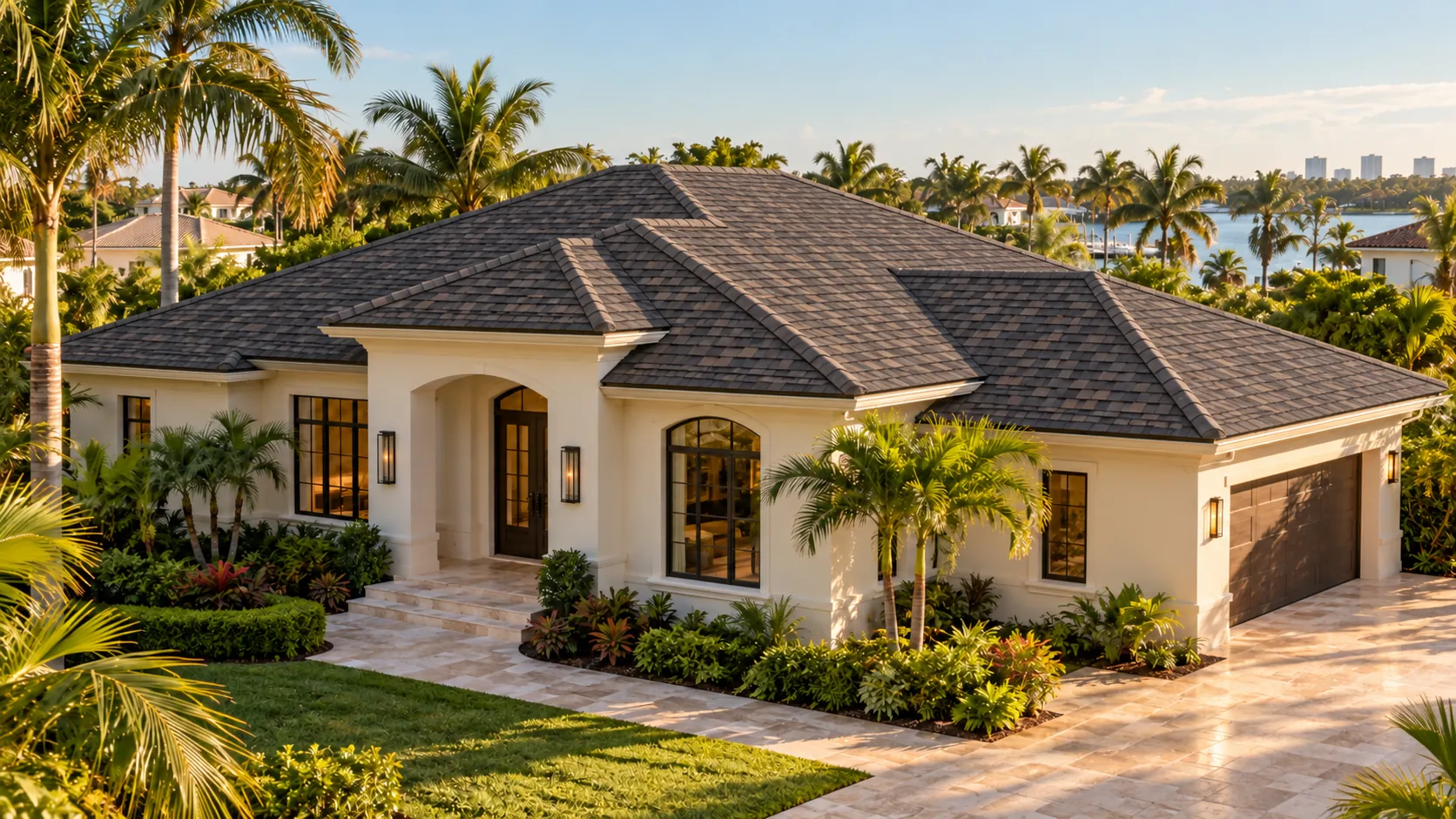 Generated architectural concept of the same Miami home with dimensional asphalt shingles